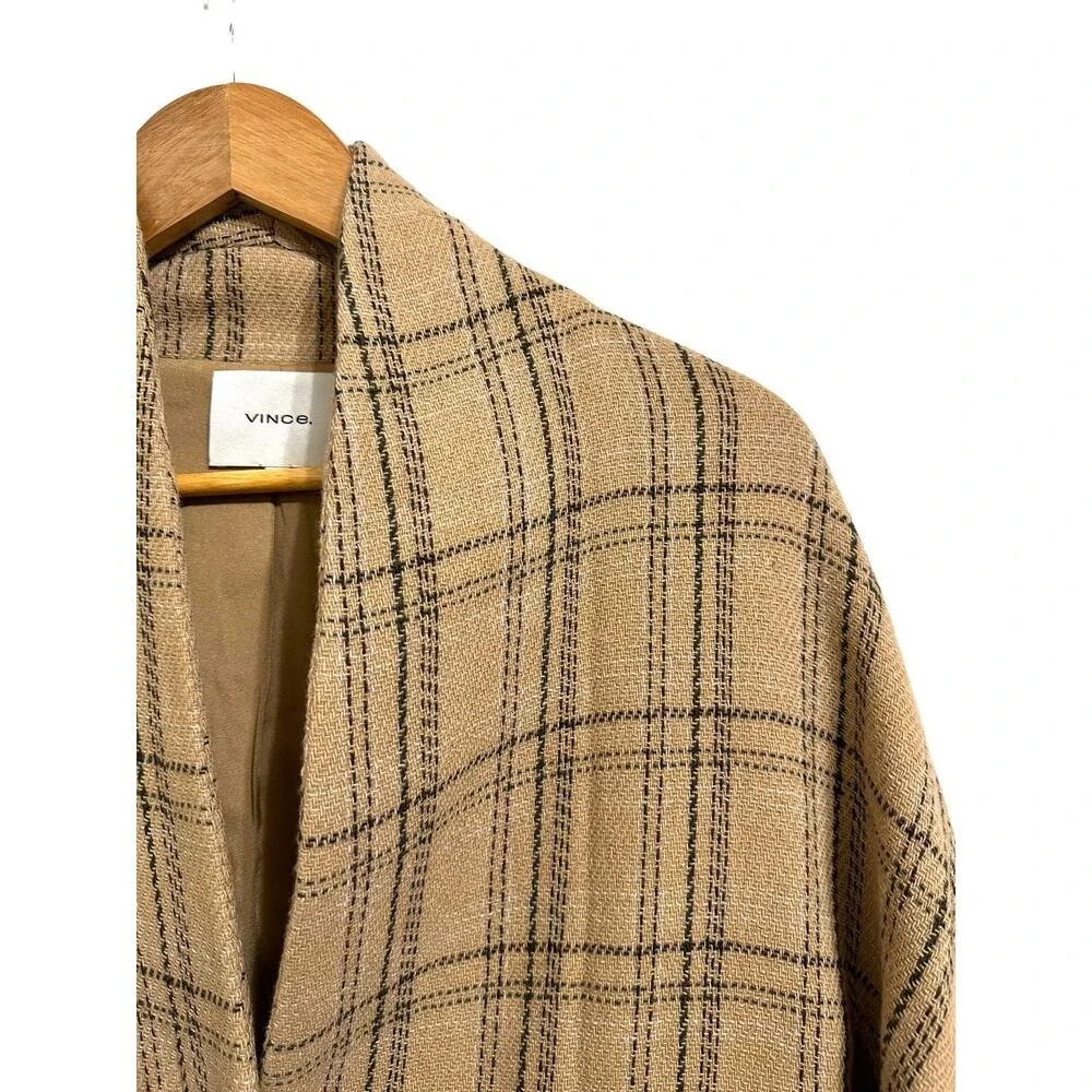 Quiet Luxury Vince‎ Plaid Wool Blend Open Front Coat Tan Black XXS V675791302